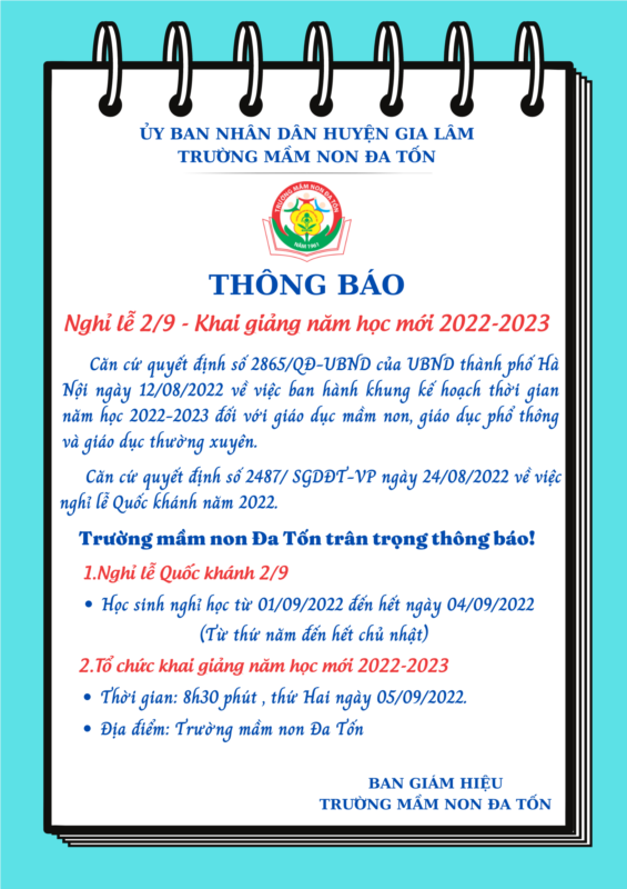 Trường Mầm non Đa Tốn thông báo về lịch nghỉ lễ Quốc khánh 2/9 và Khai giảng năm học mới 2022-2023.